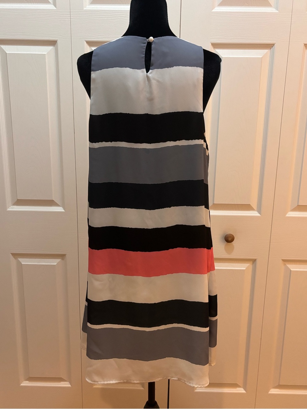 Striped A-Line Sleeveless Dress in Black, Gray, White & Coral - Picture 2 of 4